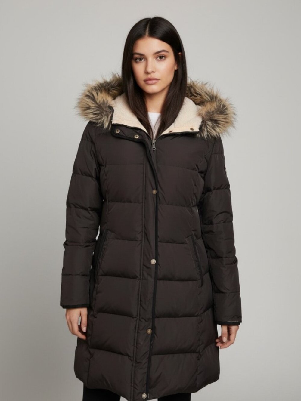 Lauren Ralph Lauren Women's Sz Small Black Long Down Puffer Coat Faux Fur Hood